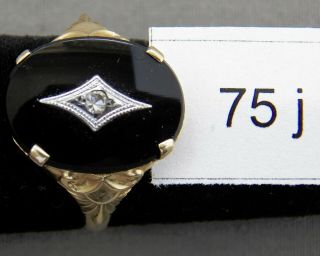 Vintage Black Onyx & Diamond 10k Yellow Gold Ring,  Deco Art Nouveau,  Size 71/4