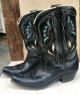 1950s Acme Vtg Women’s Western Cowboy Boots Black Size 6 1/2 C Floral Cutwork