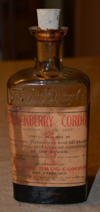 Antique Owl Drug Paper Label Bottle Blackberry Cordial 22.  5 Alcohol Dysentery