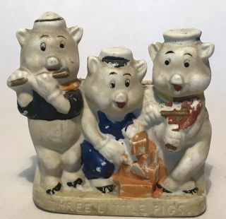Vintage Walt Disney Three Ceramic Little Pigs Toothbrush Holder Made In Japan