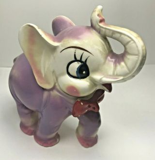 Vintage Purple Anthropomorphic Elephant Ceramic Trunk Up With Red Bow Tie Read