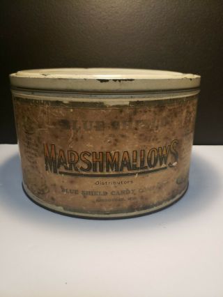 Vintage Blue Shield Marshmallows Tin Can With Lid 6 " Hx10 " W