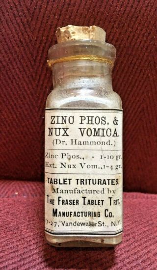 Antique Medicine Bottle Quack: Dr Hammond’s Zinc Phos.  & Nux Vomica Contents Emb