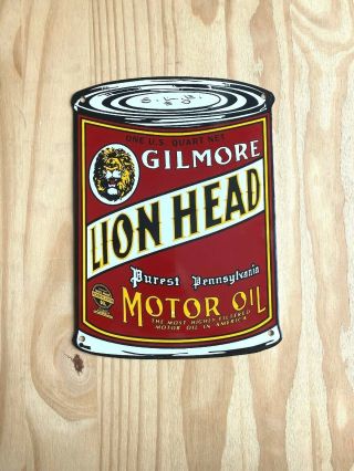 Vintage Gilmore Lion Head Can Porcelain Sign Gas Motor Oil Station Pump Rare Nos