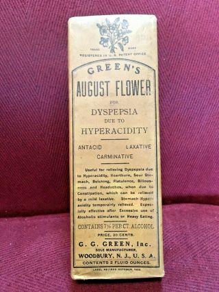 Antique Medicine Bottle Quack: Green’s August Flower,  Full Contents.