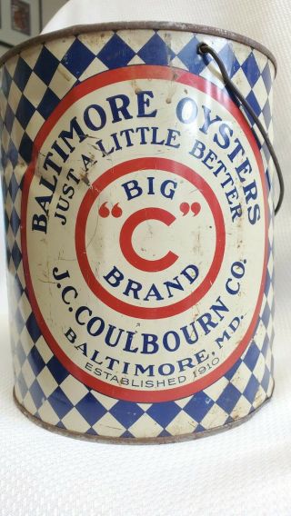 Vtg Big C Brand Oyster Tin Can J.  C.  Coulbourn Co.  Baltimore Maryland 1 Gallon