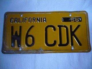 Old California CA,  Ham Radio License Plate 1956,  Yellow,  Black W6 CDK 2