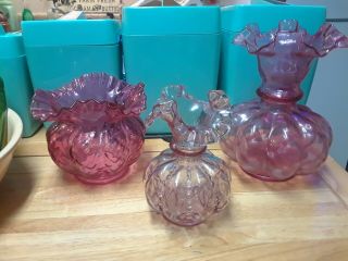 3 Vintage Fenton Art Glass Cranberry Pink Vases,  Ruffled Edges,  Estate Set.