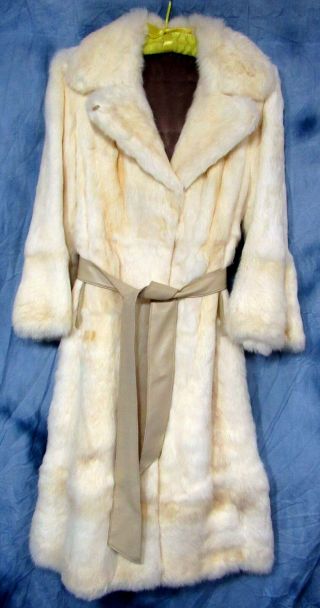 Vintage White Rabbit Fur Full Length Coat Leather Belt Pockets Lined 8?
