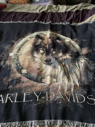 Harley Davidson Woven Throw Blanket Tapestry 60 " X 48 " Usa Wolf Eagle Spirit