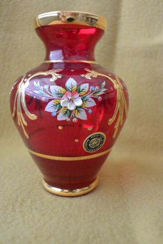 Murano Ruby Red Vase 24k Gold Gilt Vintage