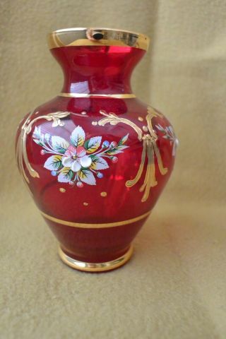 MURANO Ruby Red Vase 24K Gold Gilt VINTAGE 2