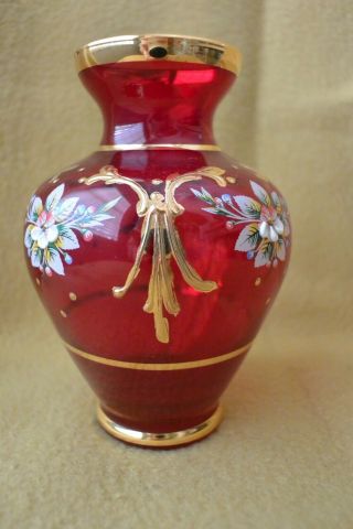 MURANO Ruby Red Vase 24K Gold Gilt VINTAGE 3
