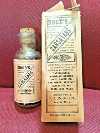 Antique Medicine Bottle Quack: Hood’s Sarsatabs,  Contents,  Sarsaparilla,  Pills,  Ads