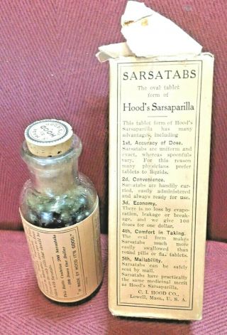 Antique Medicine Bottle Quack: Hood’s Sarsatabs,  Contents,  Sarsaparilla,  Pills,  Ads 2