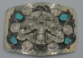 Vintage Indian Chief Belt Buckle With Turquoise And Coral Stones And Coins Real