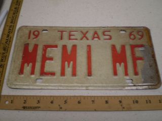 1969 69 Texas Tx Vanity License Plate Memi Mf Name Surname Initials