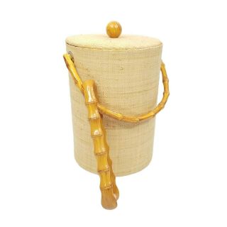 Raffia Covered Ice Bucket Bamboo Style Tongs Handle Plastic Interior Vtg Mcm