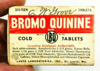 Vintage Pill Box - Grove Lab Lbq Bromo Quinine Cold Tablets Medicine Empty D
