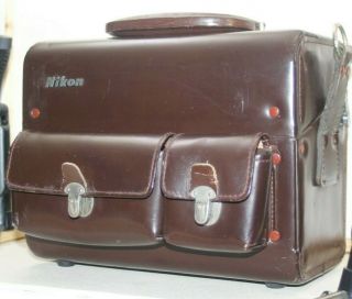 Vintage Nikon Large Brown Leather Camera Hard Case W/ Metal Bracket Lens Holder