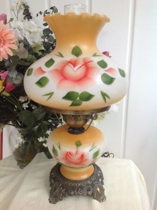 Vintage Hurricane Lamp With Hand Painted Floral Design & Chimney 3 Way Lighting