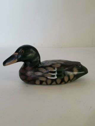 Small Wooden Duck Figurine Hand Painted 6 " Lake Cottage Cabin Decor Glass Eyes
