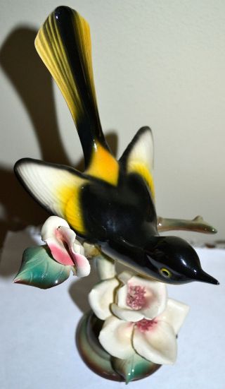 Large Vintage California Pottery Song Bird Figurine,  Applied Flowers