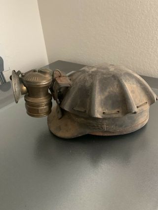 Antique Miners Helmet Hard Hat With Brass Lamp