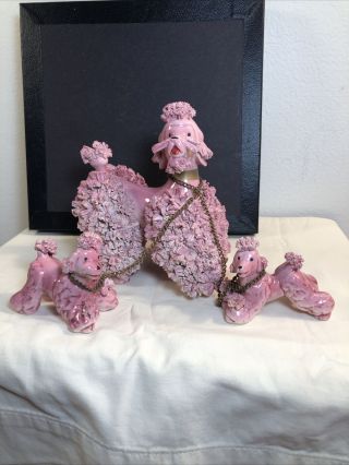 Vintage Pink Spaghetti Poodle With Pups W/on Chains Figurines Japan