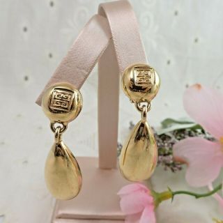 Vintage Givenchy Paris Ny Logo Shiny Gold Tone Dangle 2 1/8 " Clip Earrings