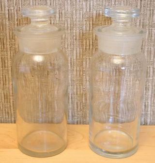 2 Antique Pharmacy / Apothecary Clear Glass Jars With Precision Ground Stoppers
