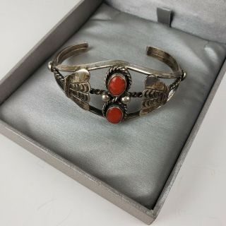 Vintage Native Navajo Sterling Silver Coral Open Cuff Bracelet