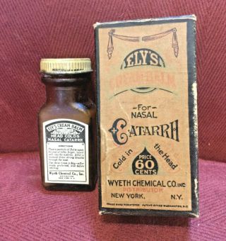 Antique Medicine Bottle Quack: Ely’s Cream Balm For Catarrh,  Colds,  Contents.