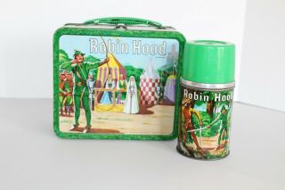 Vintage Aladdin Industries 1956 " Robin Hood " Metal Lunch Box W/ Matching Thermos