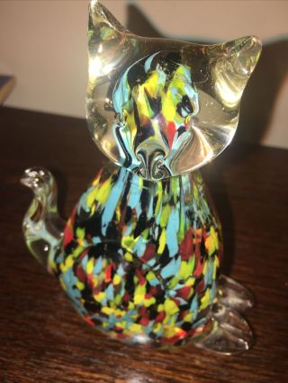 Vintage Hand Blown Glass Cat Figurine Paperweight Clear Multicolor Kitten
