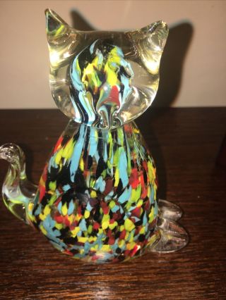 Vintage hand blown Glass Cat Figurine Paperweight clear multicolor Kitten 2