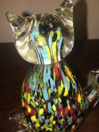 Vintage hand blown Glass Cat Figurine Paperweight clear multicolor Kitten 3