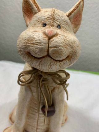Cute Sitting Cat With A Leather Collar And Bell,  Happy Face Resin