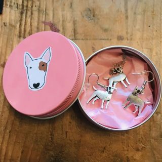 English Bull Terrier Antique Silver Necklace & Earrings,  Gift Tin