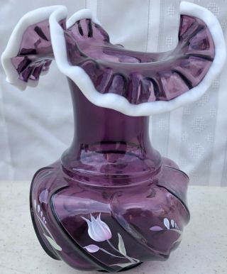Vintage Fenton Amethyst Purple White Crest Hand Painted Ruffled Edge Vase
