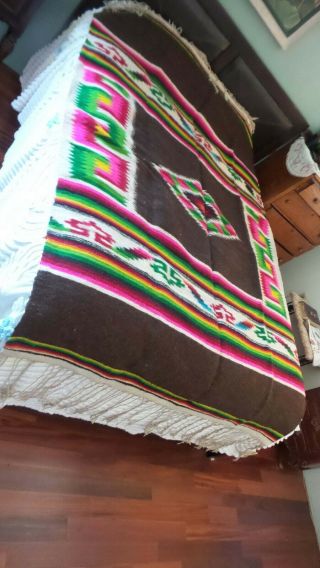 Vtg Mexican Woven Wool Blanket Long Fringe Heavy " 59x87 " Colors