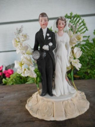 Vintage Art Deco Era Painted Bisque Bride & Groom Wedding Cake Topper