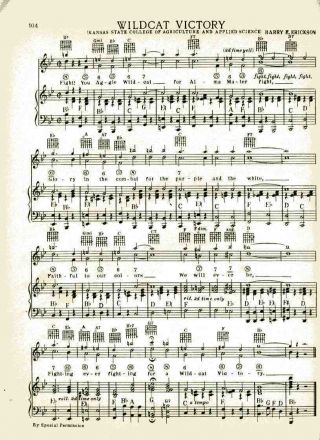 Vintage Kansas State University Song Sheet " Wildcat Victory " C 38 Music