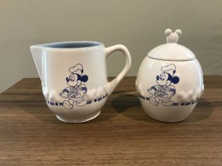 Gourmet Mickey Mouse Chef Ceramic Sugar & Creamer White & Blue Set Vintage 2003