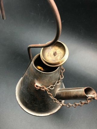 Large Antique Miners Oil Wick Lamp Lamp With Hook And Screw Lid