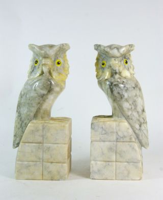 Pair Vintage Alabaster Bookends Hand Carved Great Horned Owl Bird From Italy