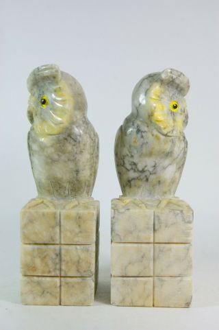 Pair Vintage Alabaster Bookends Hand Carved Great Horned Owl Bird from Italy 2