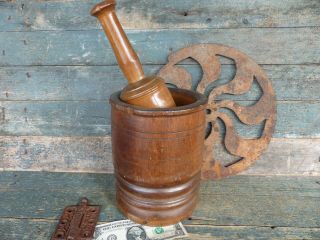 Large Antique Mortar & Pestle 19th C Wood 8 Inches Tall
