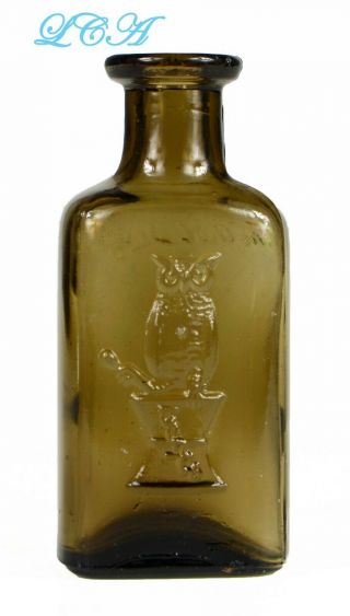 Antique Owl Drug Co Bottle Burnt Amber Topaz Color 1 Oz W/ Pic Little Owl