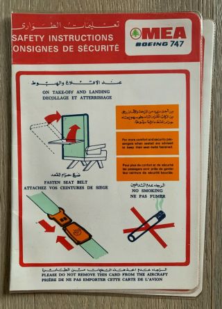 Mea Middle East Airlines 747 Safety Card